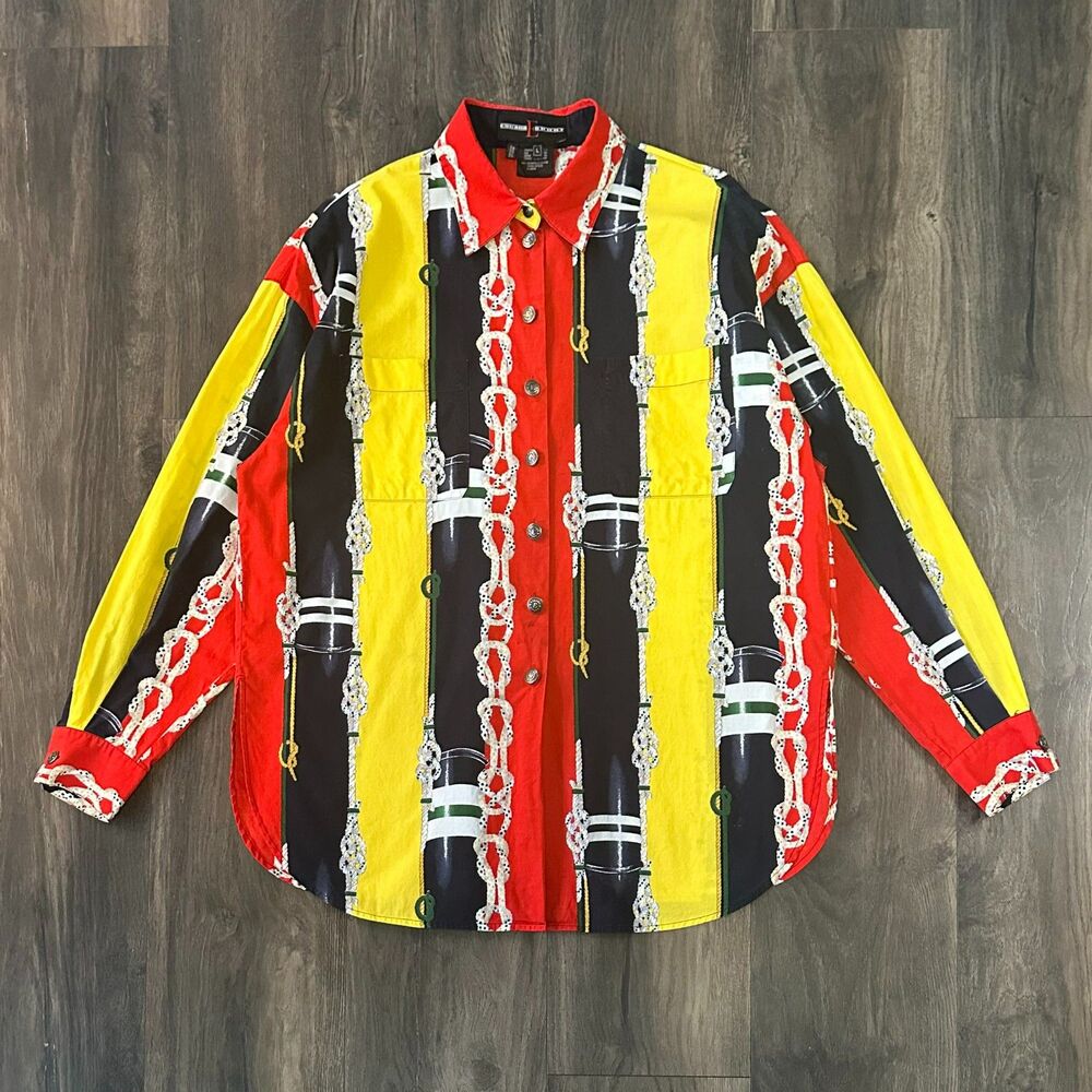 Vintage Escada Sport Shirt Nautical Button Up Cotton Collared Long Sleeve Large